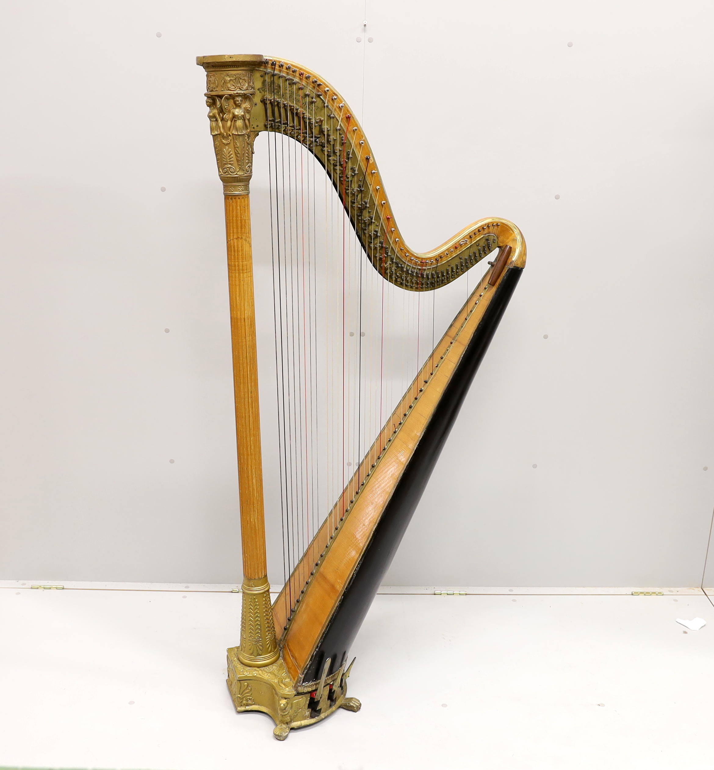 A seven pedal harp by Sebastian Erard, 18 Great Marlborough St. London, Patent N4164, cedar soundboard, fluted pillar with gilt Classical style capital, 170.5cm high